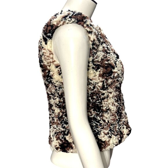 CCC Faux Fur Girls Fluffy Cozy Open Front Brown Black Cream Leopard Plush Vest - Picture 4 of 6
